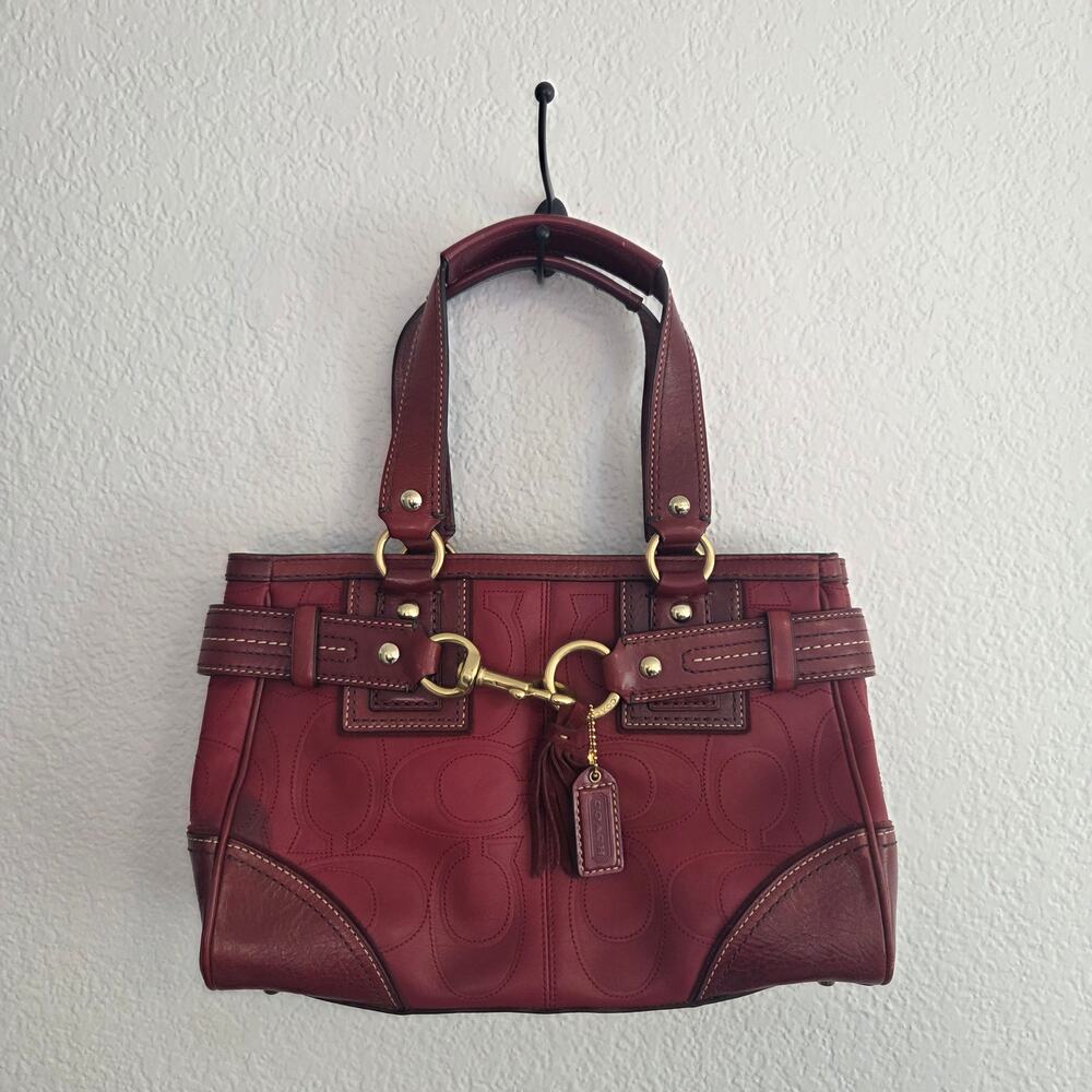 Coach Hamptons F10226 Embossed Leather Clip Satchel Purse Burgandy Pre-loved